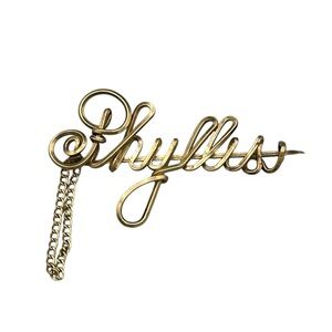 Vintage Phyllis Gold Tone Wire Name Brooch